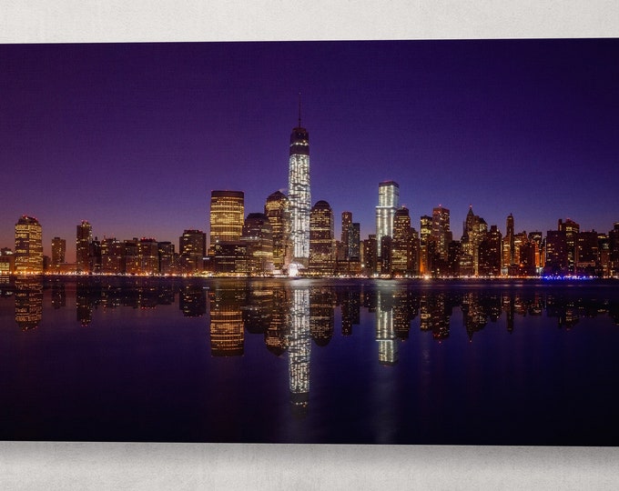 Manhattan Skyline Lights at Night Canvas Wall Art Eco Leather Print, Made in Italy!