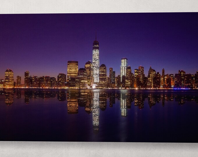 Manhattan Skyline Lights at Night Canvas Wall Art Eco Leather Print, Made in Italy!