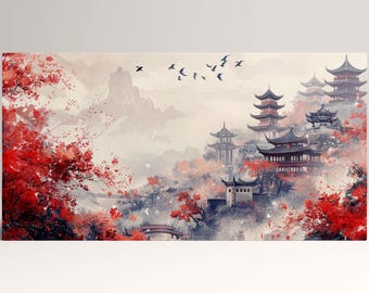 Autumn Pagodas Eco Leather Wall Art Vegan Print, Asian Landscape Decor Gift