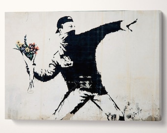 Rage, Flower Thrower Banksy Wall Art Leather Print Floating Frame