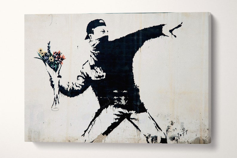 Rage, Flower Thrower Banksy Wall Art Leather Print Floating Frame ...