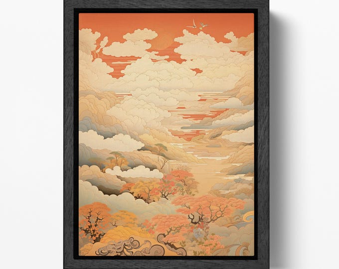 Japanese Dreamscape Floating Clouds Canvas Wall Art Eco Leather Print, Made in Italy!