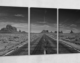 Monument Valley Road Black White PETA Approved Eco Leather Canvas Triptych or Single