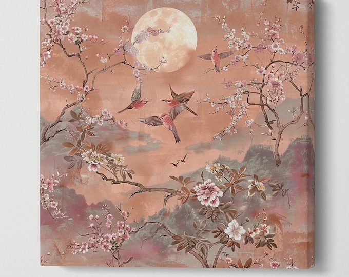 Blossoms and Birds Under the Full Moon Wall Art Canvas Eco Leather Print, Made in Italy!