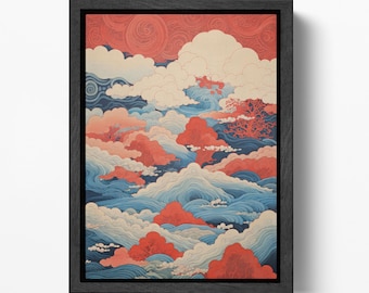 Whimsical Waves Scarlet Clouds Japan Style Eco Leather Wall Art Frame
