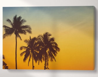 Palm Tree Silhouette at Sunset Wall Art Vegan Leather Canvas Print Ready to Hang