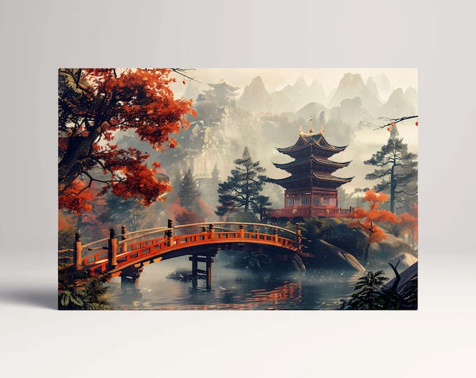 Autumn Reverie at the Red Pagoda: An Enchanting Bridge Over Still Waters Canvas Home Art Wall Decor Eco Leather Print, Made in Italy!