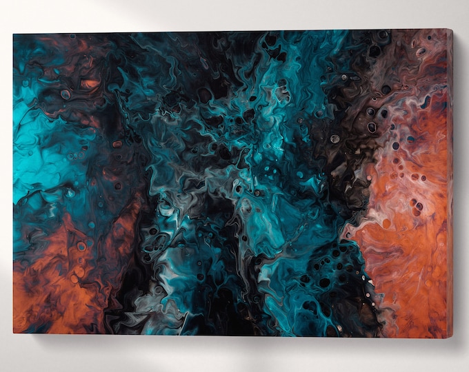 Abstract Modern Wall Art Blue and Orange Eco Leather Canvas Print, Made in Italy!