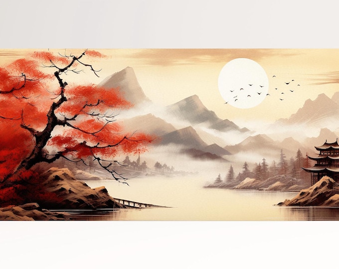 Autumnal Gradation in Japanese Landscape Wall Art Framed Canvas Eco Leather Print, Made in Italy!
