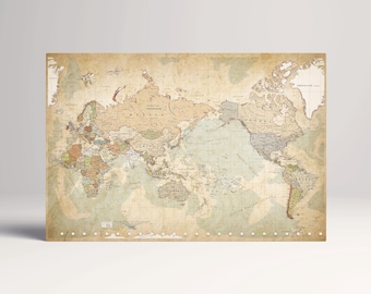 Push Pin World Map: Vegan Leather Print, Vintage Travel Tracker