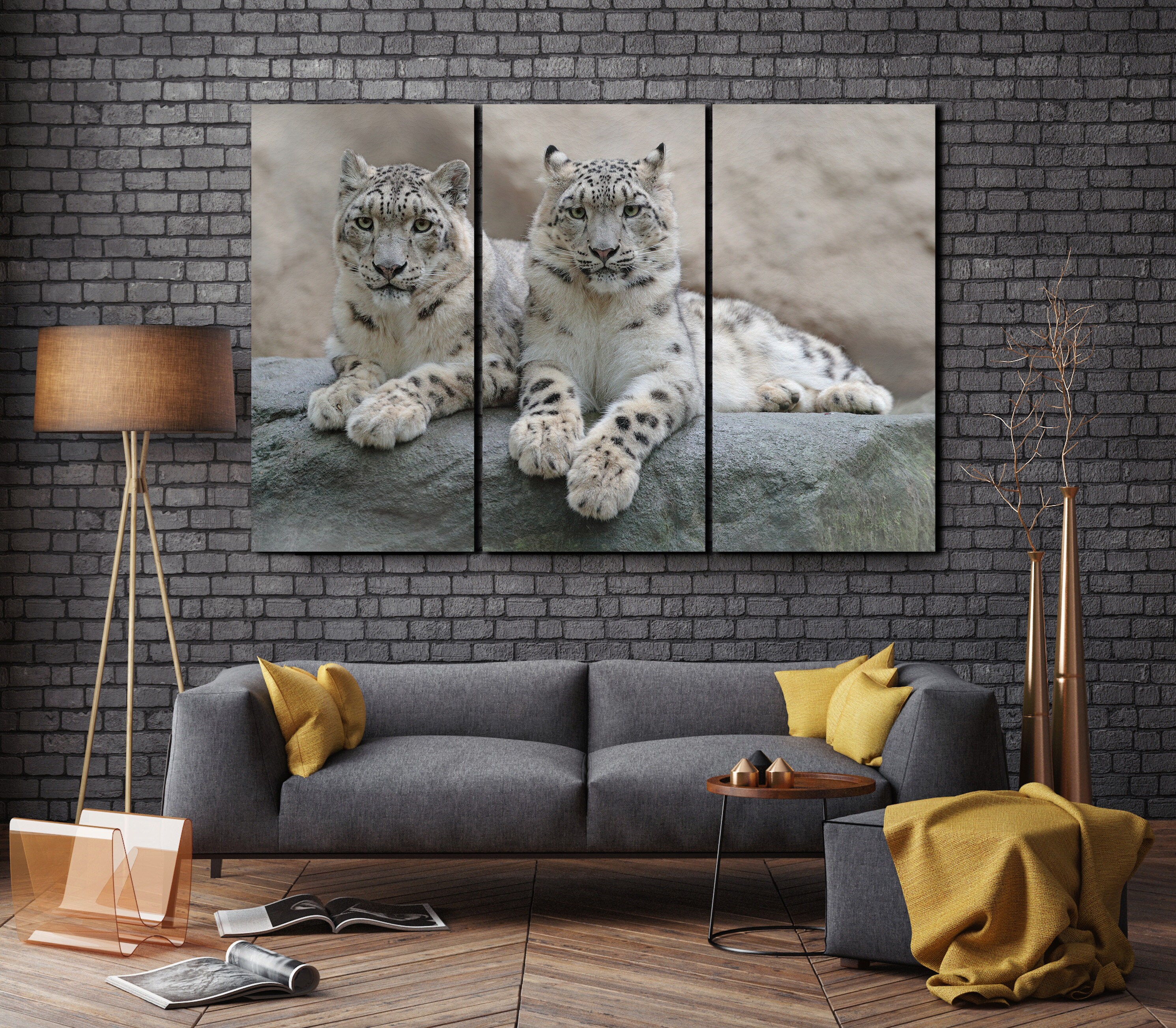 Snow Leopards Canvas Eco Vegan Leather Print, Made in Italy!