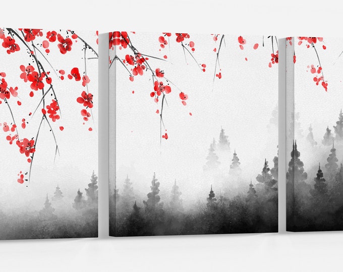 Japanese Black Forest Red Sakura Landscape Wall Art Framed Eco Leather Canvas Print, Made in Italy!