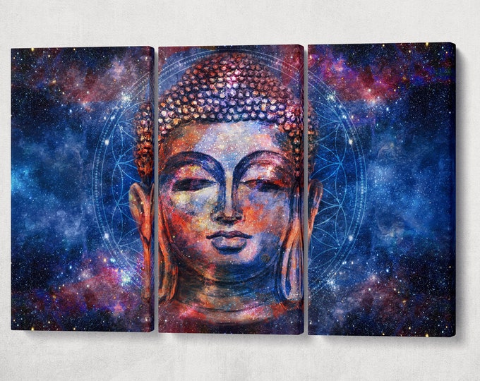 3 panel Buddha head mandala background artwork framed canvas leather print/Meditation print/Large wall art/Relaxing home decor/Made in Italy