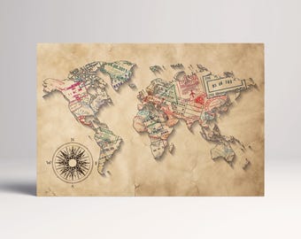 Passport Stamps World Map Print: Vegan Leather Wall Art
