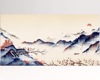 Japan Mountain Landscape at Dawn Illustration Wall Art Framed Canvas Print, Made in Italy!