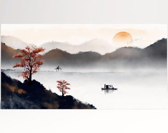 Chinese Dawn Landscape Illustration PETA Approved Eco Leather Canvas Triptych or Single Art