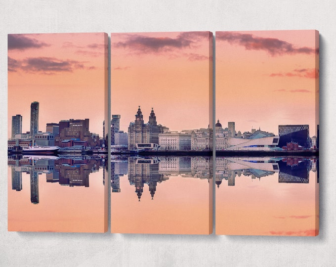 Liverpool Skyline Pink Sky Panoramic Print Ready to Hang Canvas Eco Leather Print