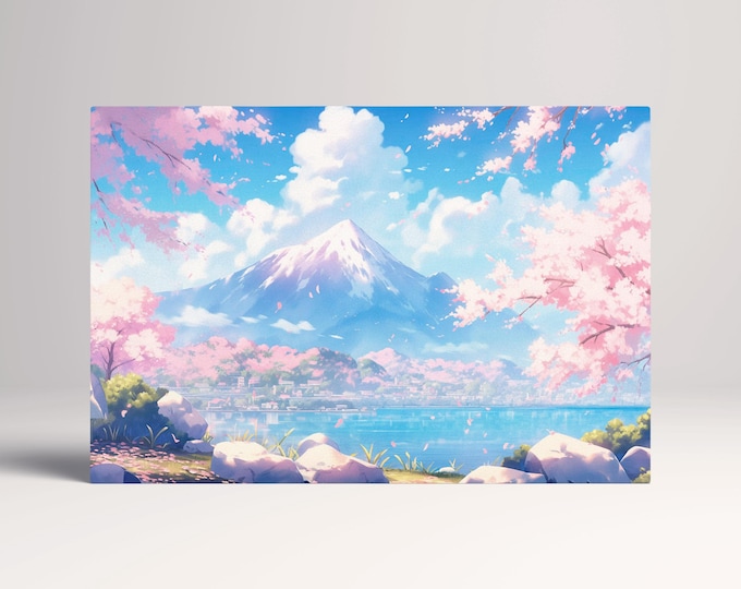Blossom Serenity: Sakura and Mountain Bliss - Japan Style Canvas Wall Art Leather Print