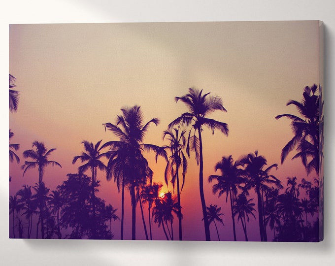 Palm Trees at Sunset Silhouette Canvas Eco Leather Print, Made in Italy!