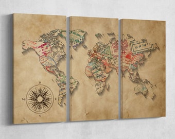 Passport Stamps World Map Print: Vegan Leather Wall Art