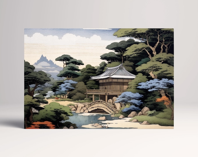 Japanese Zen Garden & Temple Ukiyo-e Inspired Wall Art Eco Leather Home Decor Canvas Print, Made in Italy!