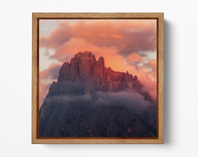 Sunset Dolomites Square Wall Decor Framed Canvas Eco Leather Print, Made in Italy!