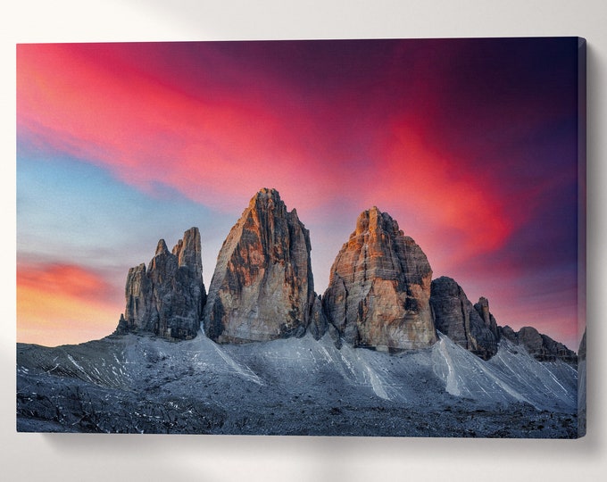 Three Peaks of Lavaredo Sunset Dolomite Alps Italy Mountains Wall Art Canvas Eco Leather Print, Made in Italy!