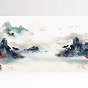 Paesaggio Cinese Tradizionale Arte Shan Shui Montagne nella Nebbia Stampa su Ecopelle Made in Italy