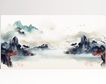 Misty Mountain Serenity Traditional Chinese Shan Shui Art Wall Art Eco Leather Canvas Print