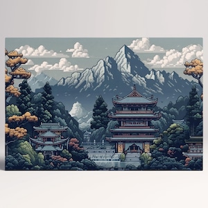 Tempio Giapponese Videogame Vintage 8-Bit Canvas Stampa su Tessuto Ecopelle, Made in Italy!