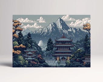 Retro 8-Bit Japanese Temple Landscape: Vegan Leather Wall Art