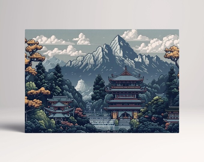 Retro Pixel Art 8-Bit Japanese Temple Videogame Landscape Canvas Home Art Wall Decor Eco Leather Print, Made in Italy!