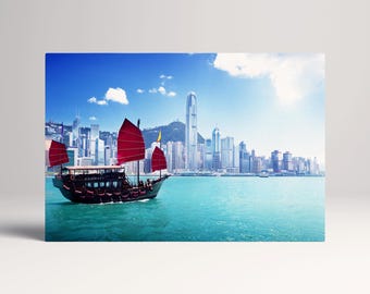 Hong Kong Harbour Junk Boat PETA Approved Eco Leather Canvas Single Triptych Art