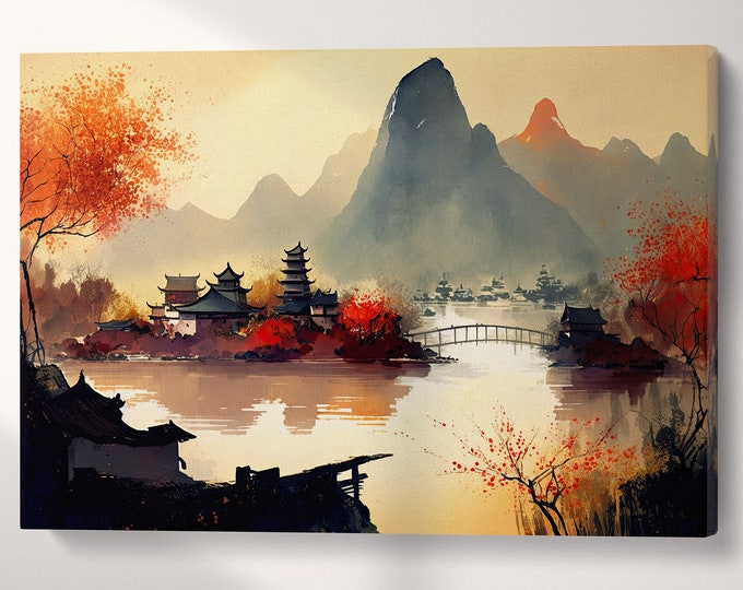 Oriental Chinese Warm Tones Landscape Wall Art Framed Canvas Eco Leather Print, Made in Italy!