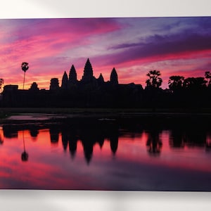 Angkor Wat Temple Cambodia Dramatic Sunrise Wall Art Home Decor Canvas Eco Leather Print, Made in Italy!
