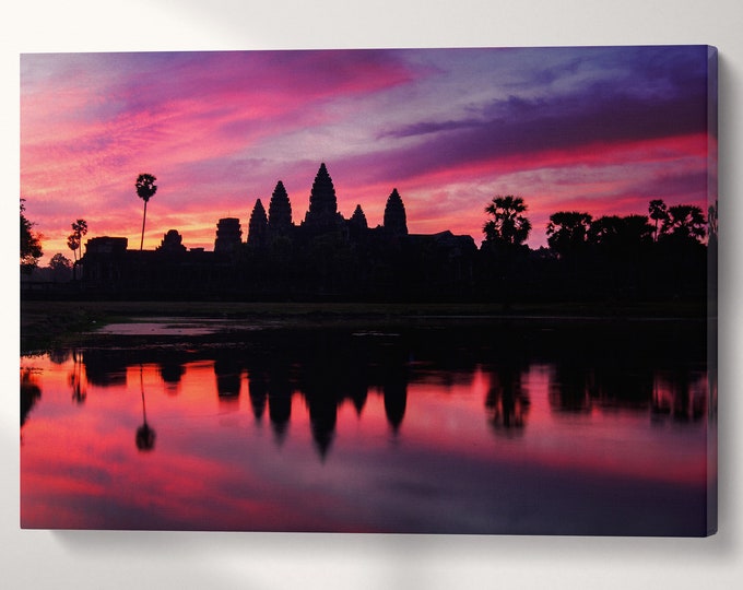 Angkor Wat Temple Cambodia Dramatic Sunrise Wall Art Home Decor Canvas Eco Leather Print, Made in Italy!