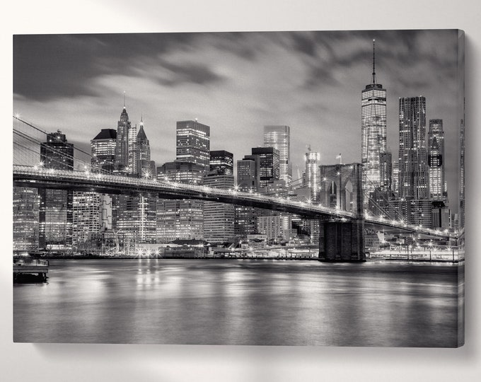 Black and White Manhattan and Brooklyn Bridge, New York, Leather Print