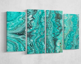 Marble-like green and blue pattern framed canvas artwork print