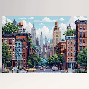 Oasi Urbana: Una Sinfonia di Grattacieli Vintage Stile 8-Bit Canvas Stampa su Tessuto Ecopelle, Made in Italy!