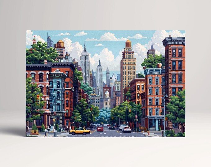 Urban Oasis: A Symphony of Skyscrapers 8-Bit Style Canvas Home Art Wall Decor Eco Leather Print, Made in Italy!