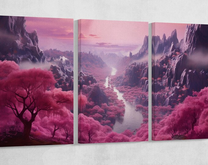 Mystic Valley of the Sakura Bloom Anime Wall Art Home Decor Framed Canvas Print, Made in Italy!