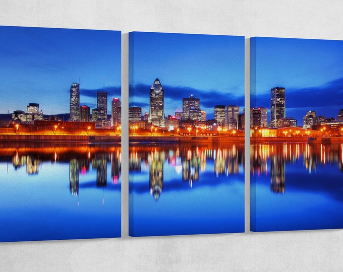 Montreal City at Night Canada Canvas Wall Art Eco Leather Print, Made in Italy!
