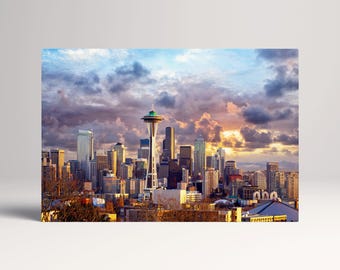 Seattle Skyline Sunset Space Needle PETA Approved Eco Leather Canvas Triptych or Single Frame
