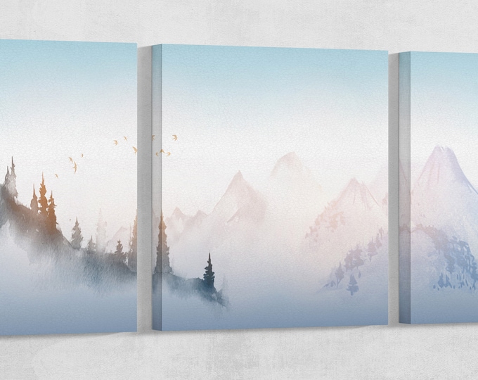 Japanese Mountain Blue Tones Landscape Wall Art Framed Eco Leather Canvas Print, Made in Italy!