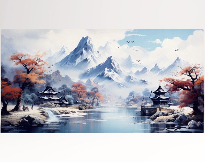 Anime Snow Mountain Japan Landscape Wall Art Home Decor Framed Canvas Print, Made in Italy!