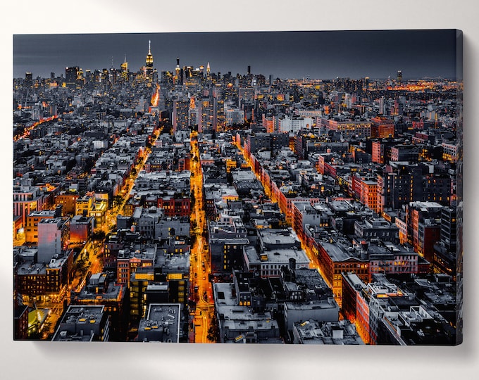 New York City Aerial View At Night Canvas Eco Leather Print, Made in Italy!