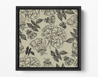 Black Khaki Floral Square PETA Approved Faux Leather Wall Art