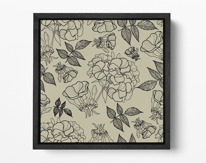 Floral Artwork Black Khaki Square Canvas Eco Leather Print, Made in Italy!