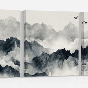 Serenità Montagna - Vette Nella Nebbia Astratte Stile Cinese Canvas Stampa su Tessuto Ecopelle Made in Italy