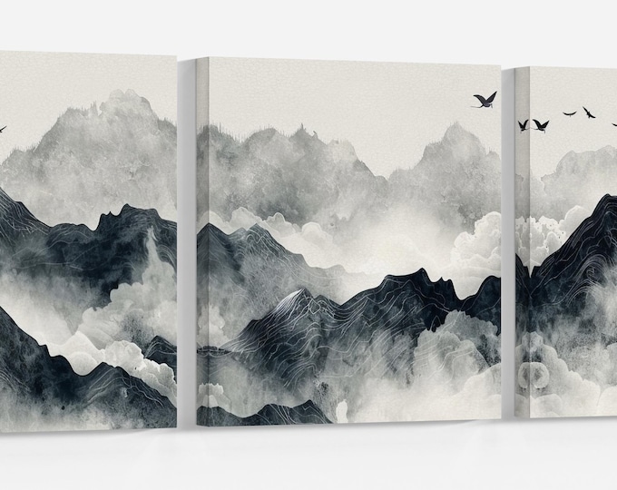Mountain Serenity - Abstract Misty Peaks Chinese Style Wall Art Framed Eco Leather Canvas Print, Made in Italy!